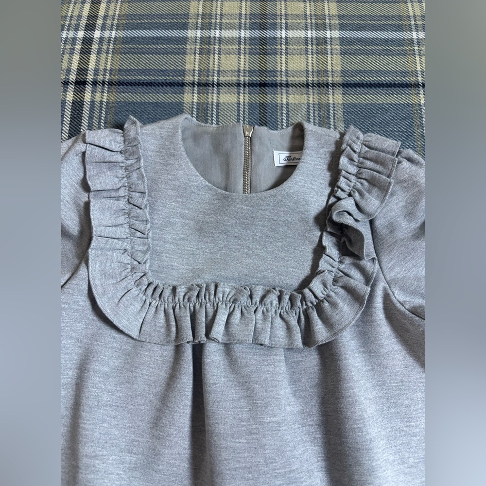 Tartine et Chocolat Girls' Light Gray Ruffle Yoke Dress - Picture 2 of 8